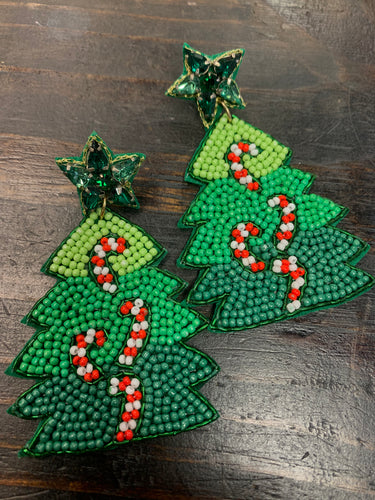 Beaded Candy Cane Christmas Tree Earring