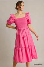 Load image into Gallery viewer, Bubblegum Smocked Sqaure Neck Midi Dress