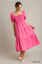Load image into Gallery viewer, Bubblegum Smocked Sqaure Neck Midi Dress