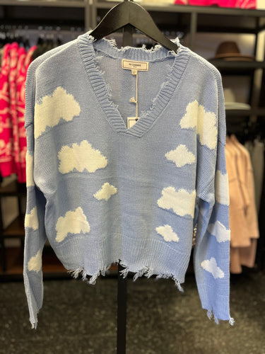 Cloud Print Distressed Sweater