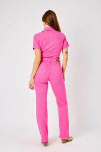 Pink Denim Short Sleeve Jumpsuit