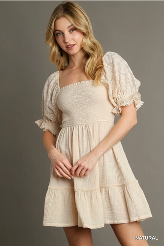 Smocked Dress With Lace Sleeve