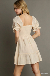 Smocked Dress With Lace Sleeve