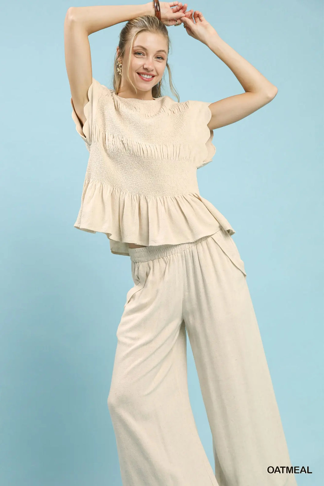 Linen Smocked Peplum Top and Pant