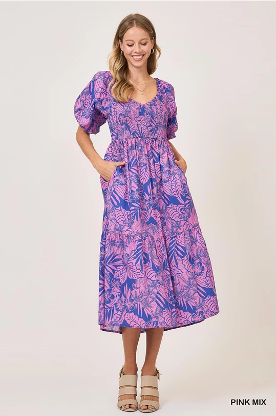 Tropical Print Poplin Midi Dress