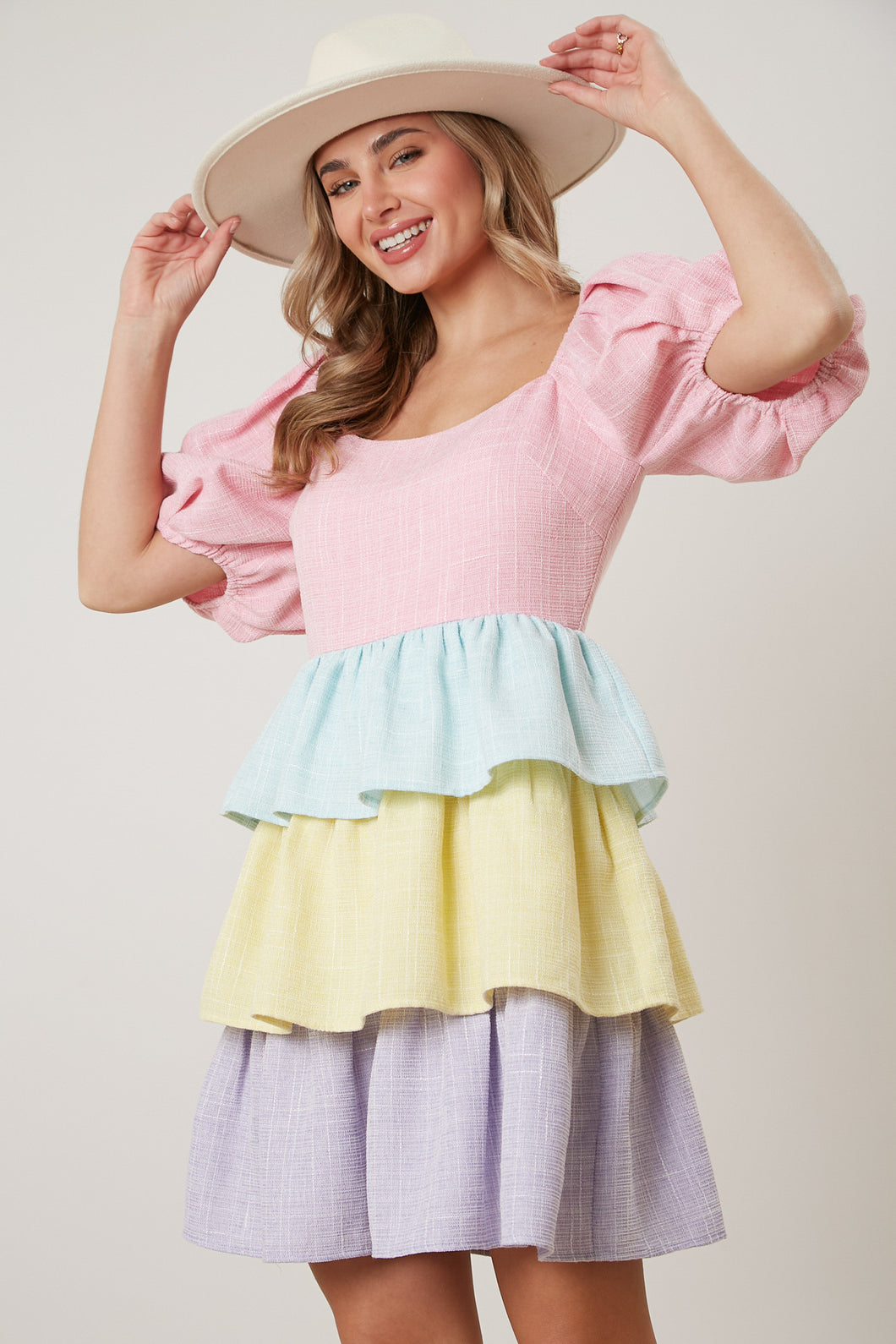 Tweed Color Block Puff Sleeve Tiered Dress