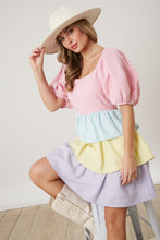 Load image into Gallery viewer, Tweed Color Block Puff Sleeve Tiered Dress