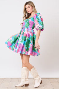 Cotton Poplin Floral Printed Babydoll Puff Sleeve Dress