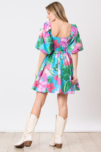 Cotton Poplin Floral Printed Babydoll Puff Sleeve Dress