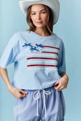 American Flag With Bow Detail Printed Crop Top