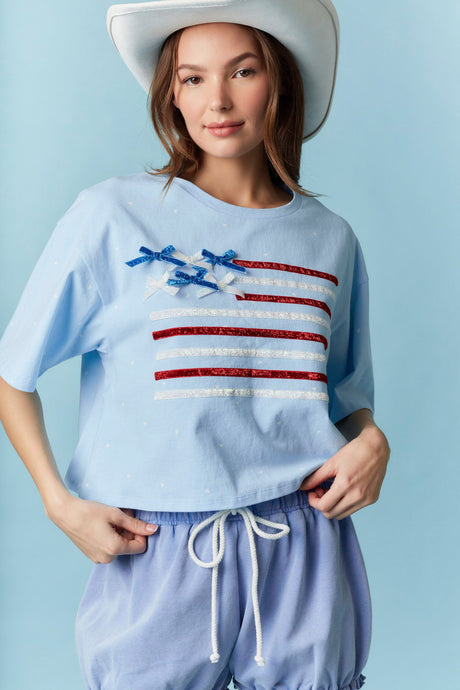American Flag With Bow Detail Printed Crop Top