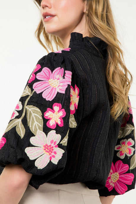 Embroidered Puff Sleeve Textured Top