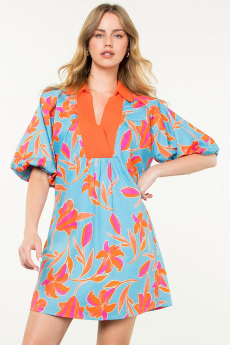 Puff Sleeve Flower Print Dress