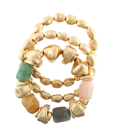 3 Row Stone Accent Bead Metal Bracelet