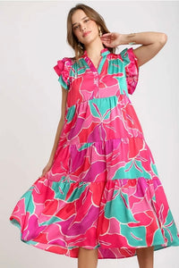 Magenta Mix Ruffle Sleeve Dress