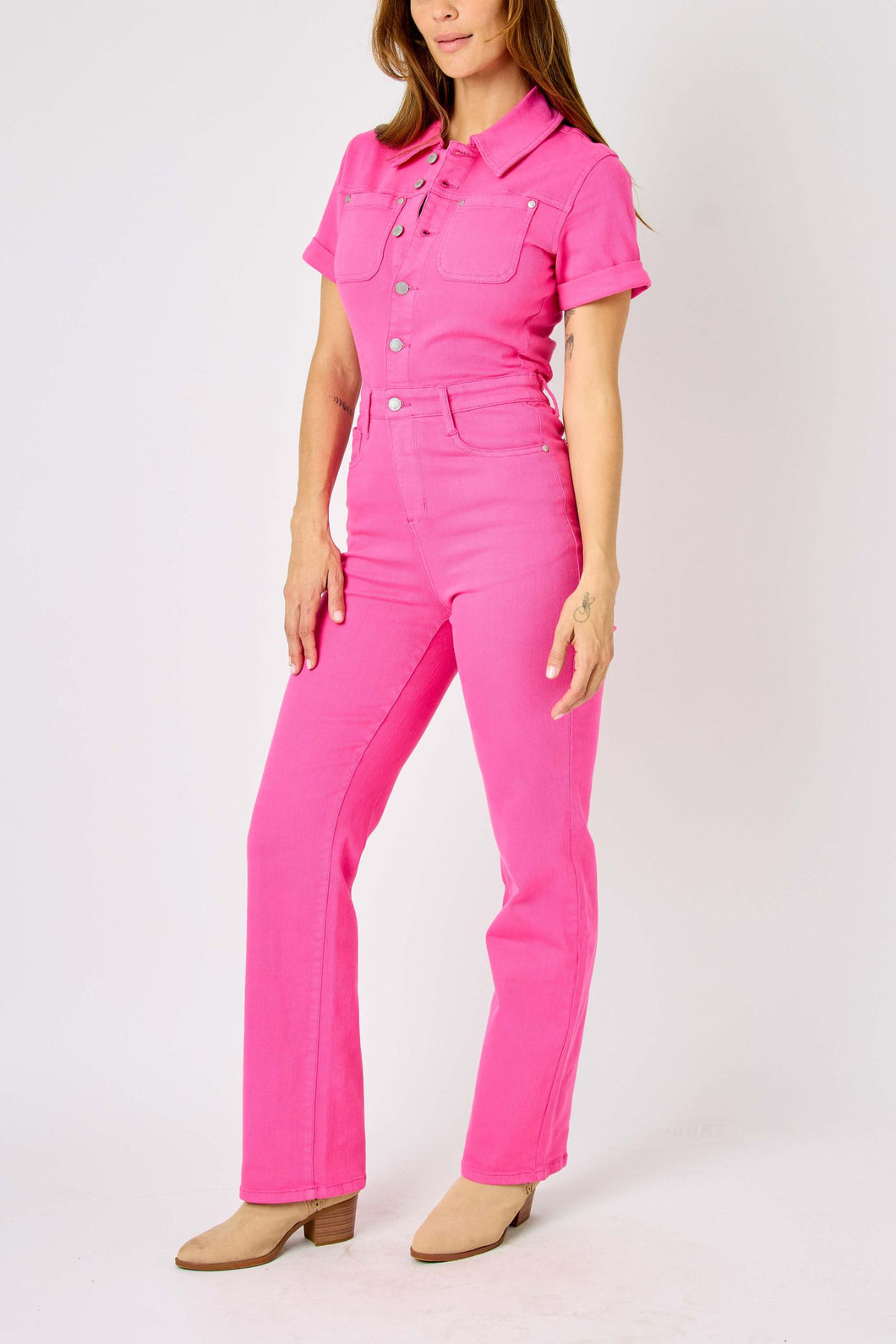 Pink Denim Short Sleeve Jumpsuit