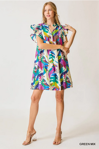 Tropical Flutter Sleeve Babydoll Dress