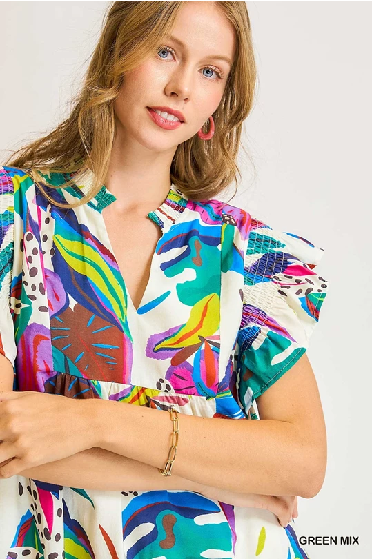 Tropical Flutter Sleeve Babydoll Dress