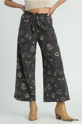 Charcoal Western Print Mix Pants