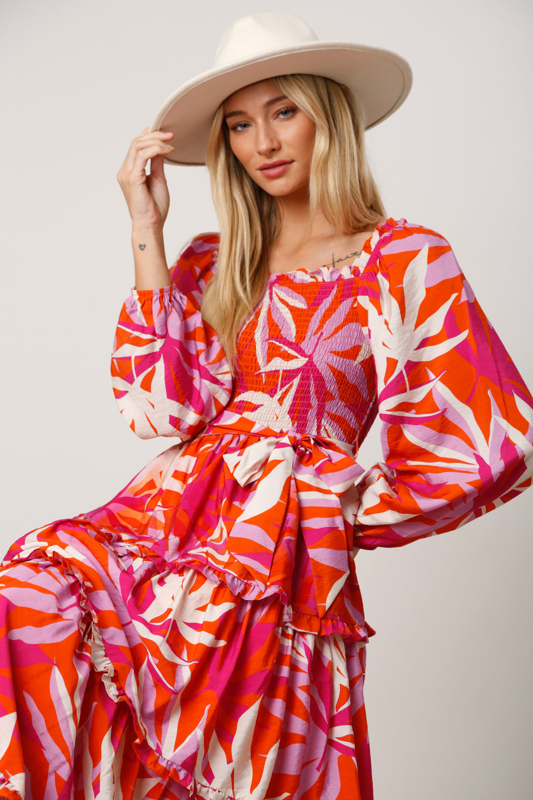 Smocked Palm Leaf Printed Dress