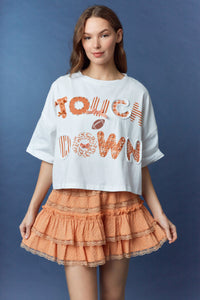 "Touch Down" Graphic Printed Trim Detail Crop Shirt