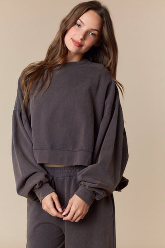 Washed French Terry Cut Edge Ruffle Hem Crop