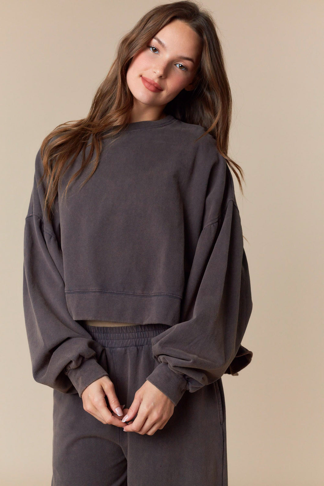 Washed French Terry Cut Edge Ruffle Hem Crop