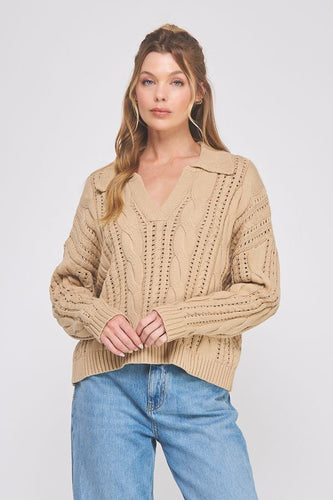 Classic Cable Knit Polo Sweater