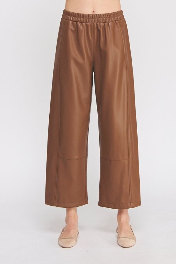 Leather Elastic Waist Wide Ankle Pant