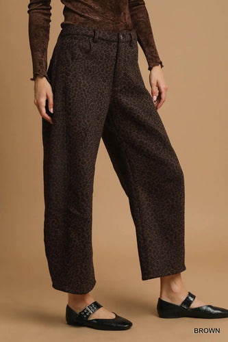 Non-Stretch Leopard Print Wide Leg Pants