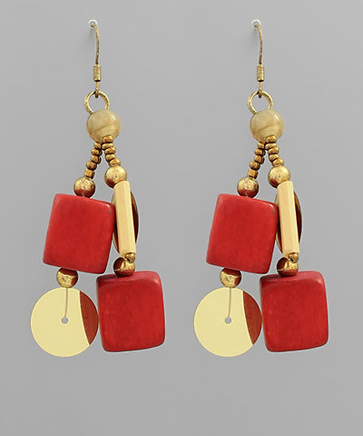 Wood Square&Disk Dangle Earrings