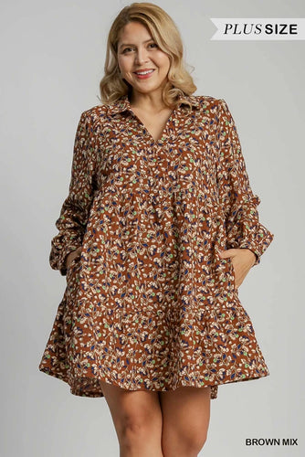 Plus Size Long Sleeve Corduroy Floral Dress