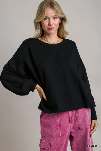 French Terry Top With Waffle Knit Balloon Sleeves
