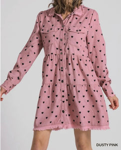 Dusty Pink Corduroy Heart Button Up Dress