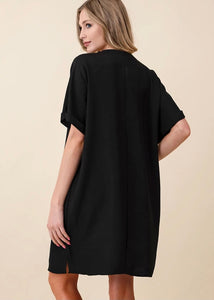 Black Collar Roll Up Sleeve Dress