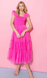 Hot Pink Tulle Midi Dress