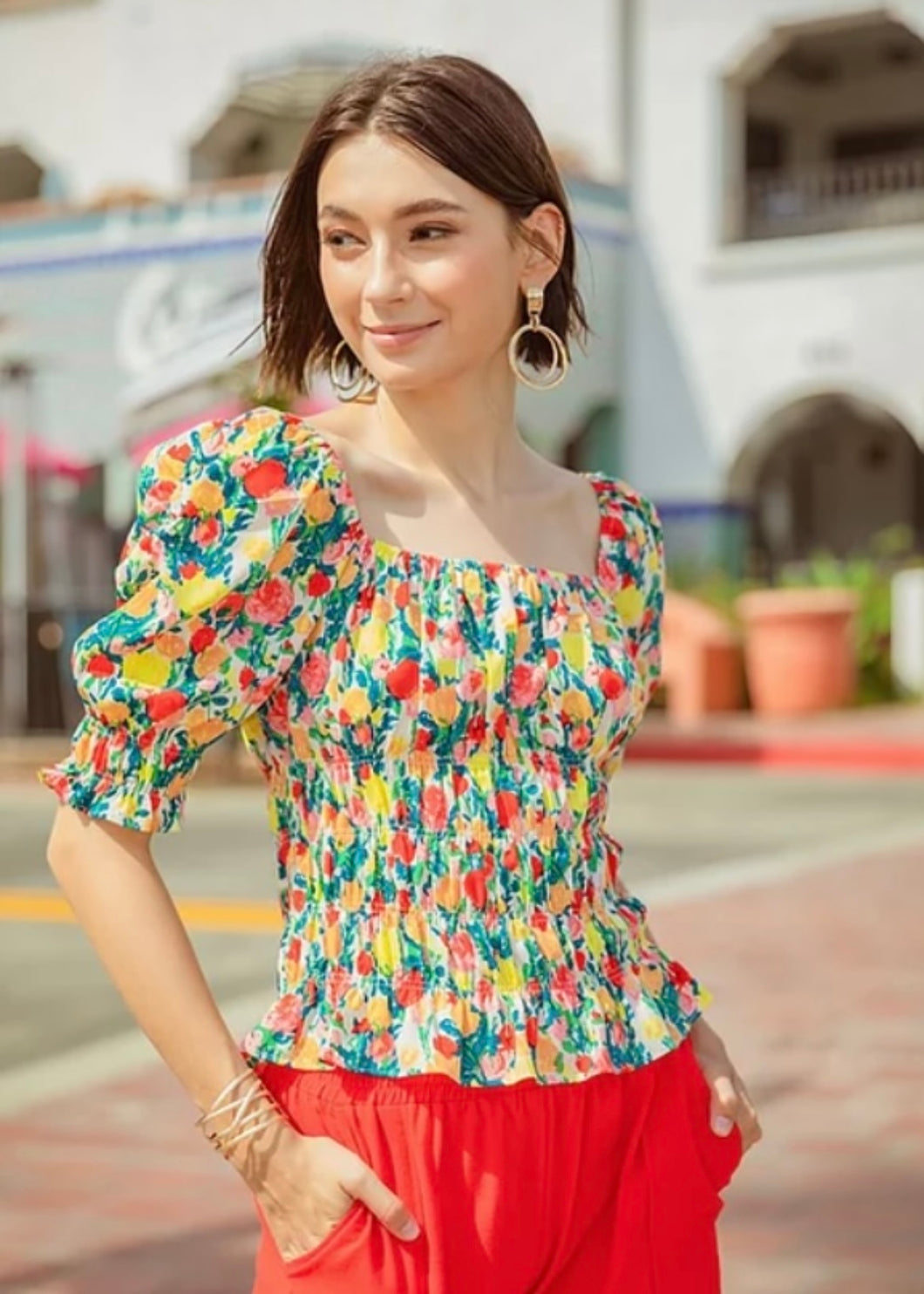 Red Floral Sheered Top