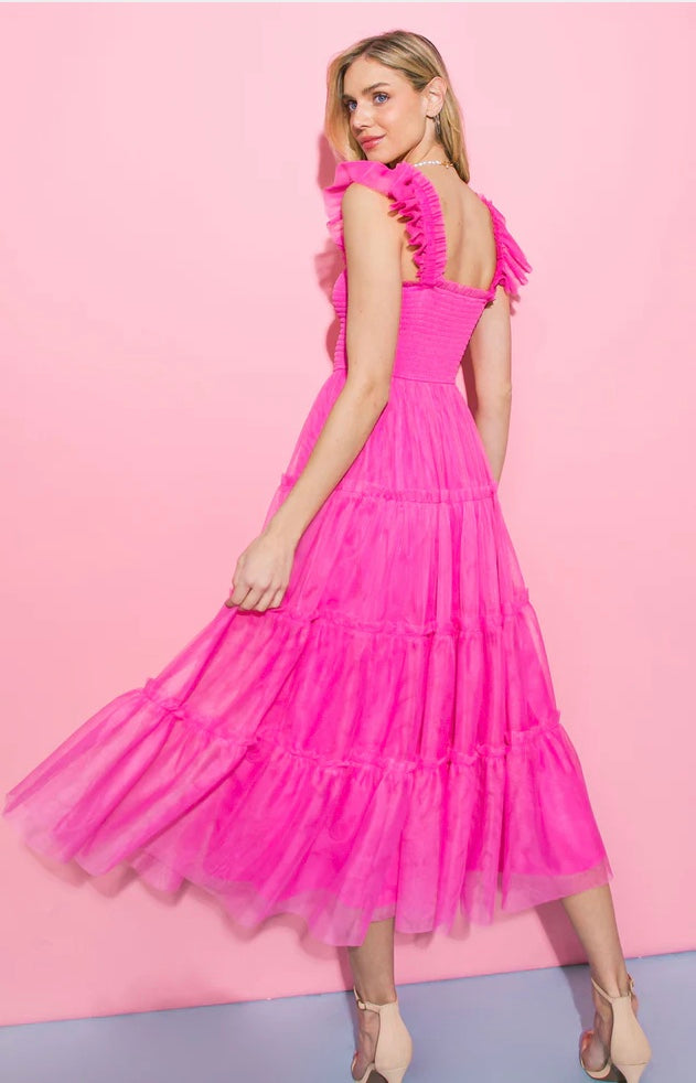 Hot Pink Tulle Midi Dress