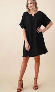 Black Collar Roll Up Sleeve Dress